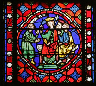 Window depicting Scene from the life of Saint Bonnet: Saint Bonnet entrusted with a Private Mission by Sigebert by French School